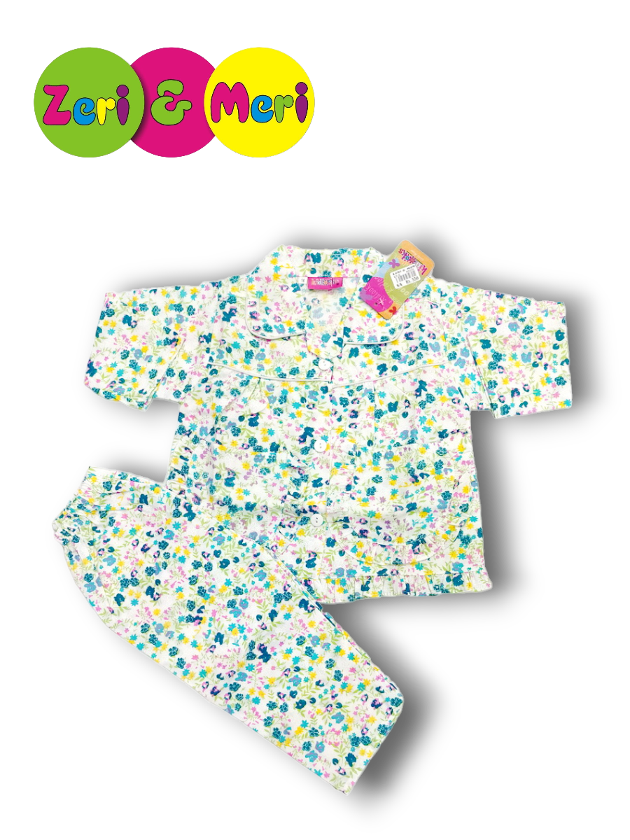 Night suit 1 to 4 years in 100% Cotton Small flowers 1 Night suit cotton small flowers 1 to 4y green