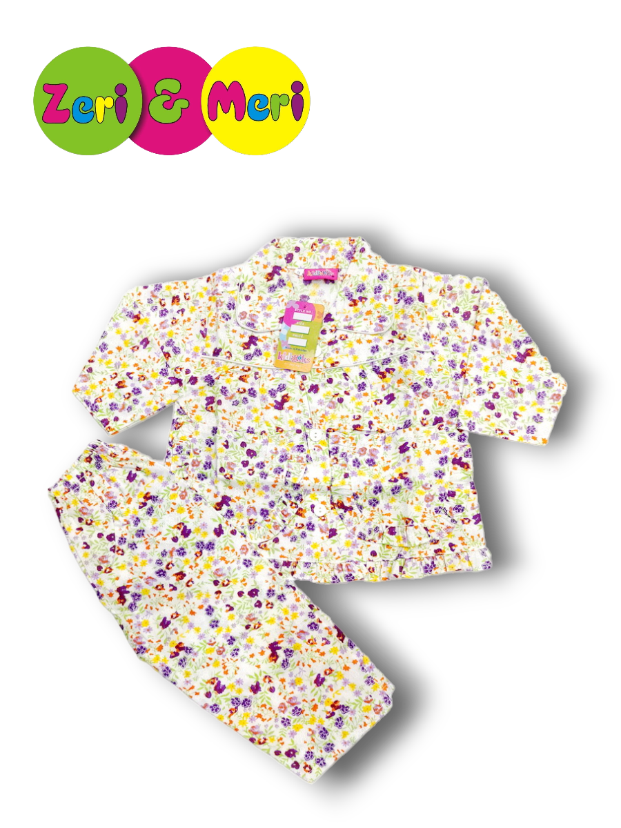 Night suit 1 to 4 years in 100% Cotton Small flowers 3 Night suit cotton small flowers 1 to 4y purple